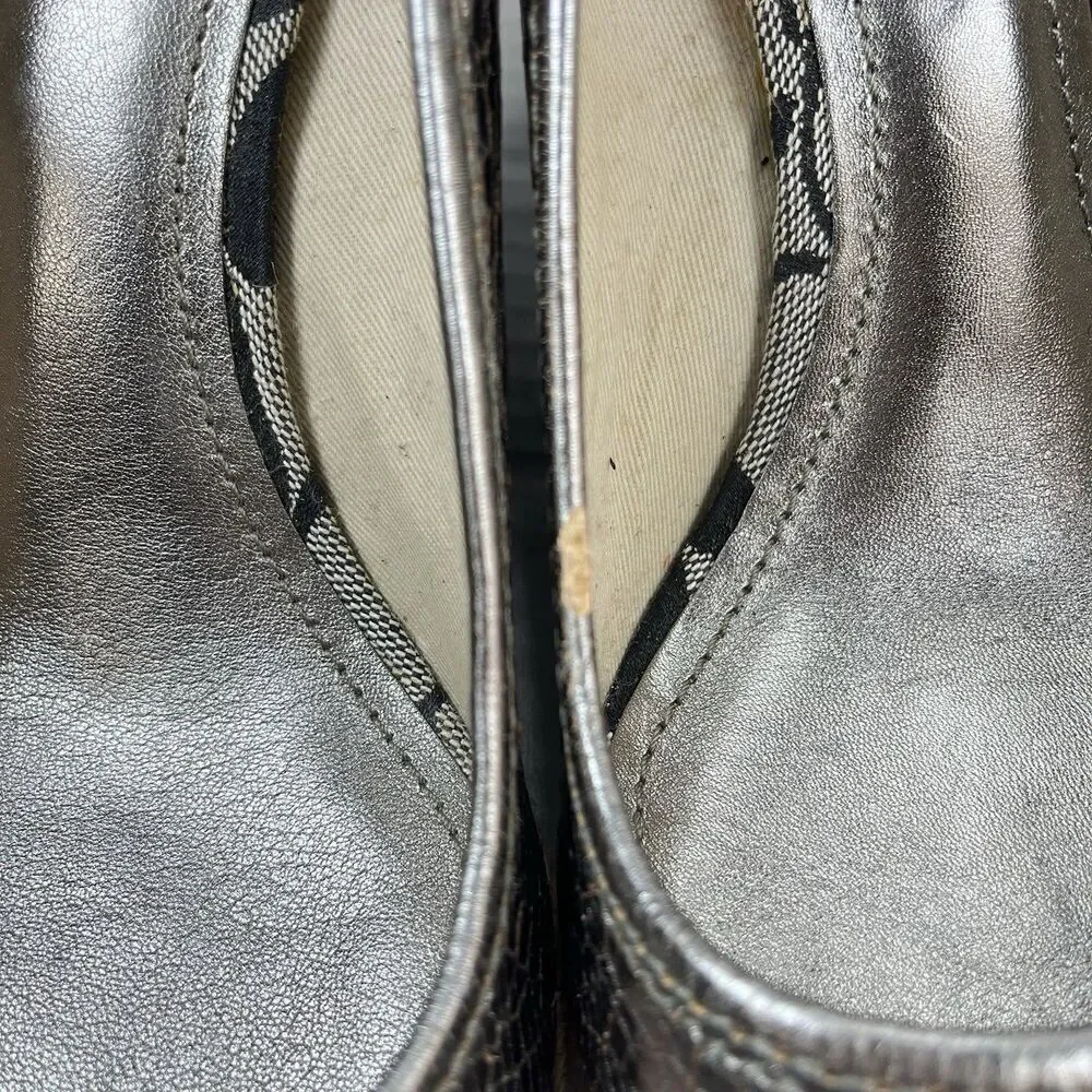 Coach Crackle Silver Women's Size 9.5/10 Metal Leather Wedge Espadrille Bow Shoe
